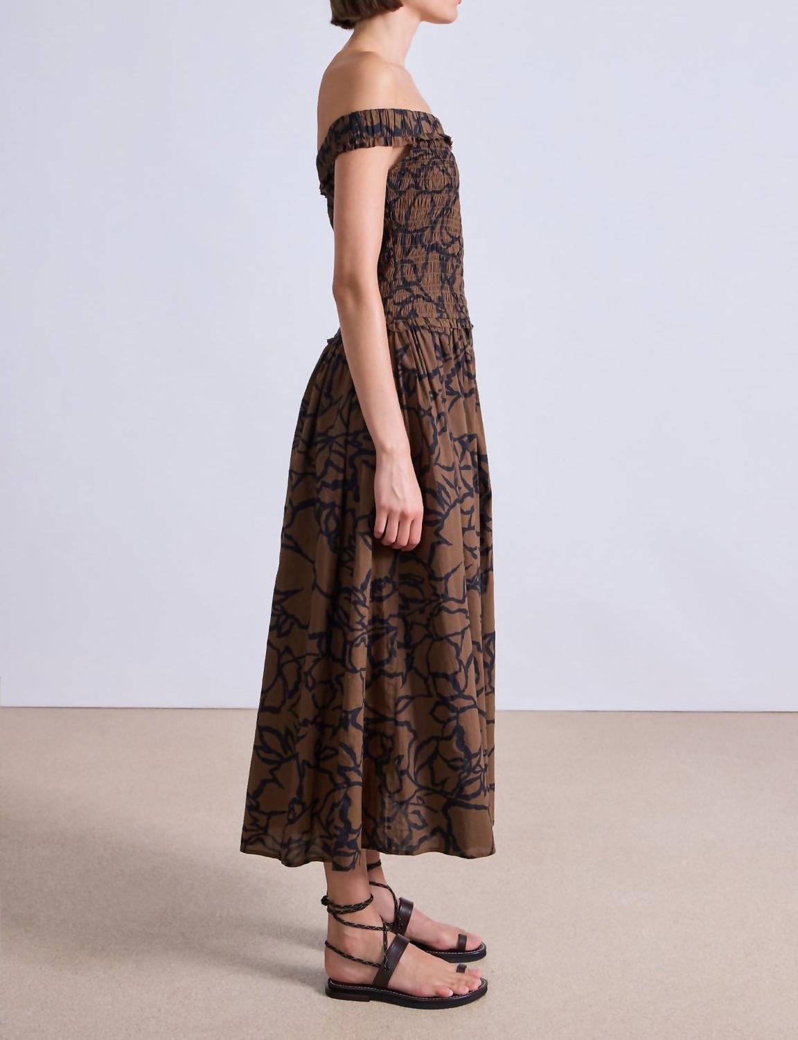 APIECE APART Britt Off Shoulder Maxi Dress in large lace floral chocolate 1 - women's dress - alternate view