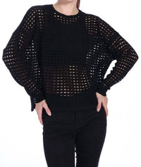 Minnie Rose Cashmere Open Novelty Stitch Boxy Pullover Sweater in black - women's sweater - detail view
