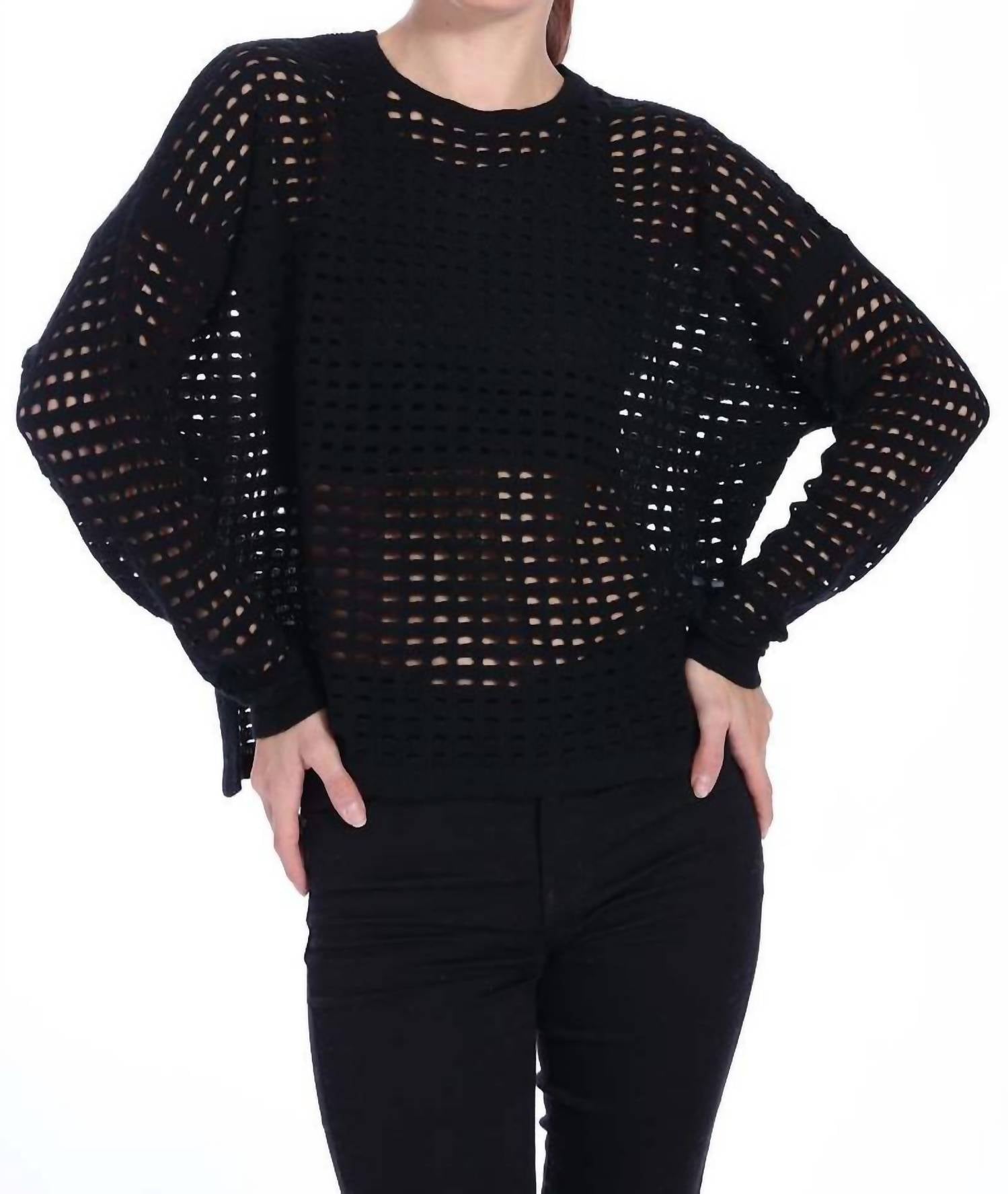 Minnie Rose Cashmere Open Novelty Stitch Boxy Pullover Sweater in black - women's sweater - detail view