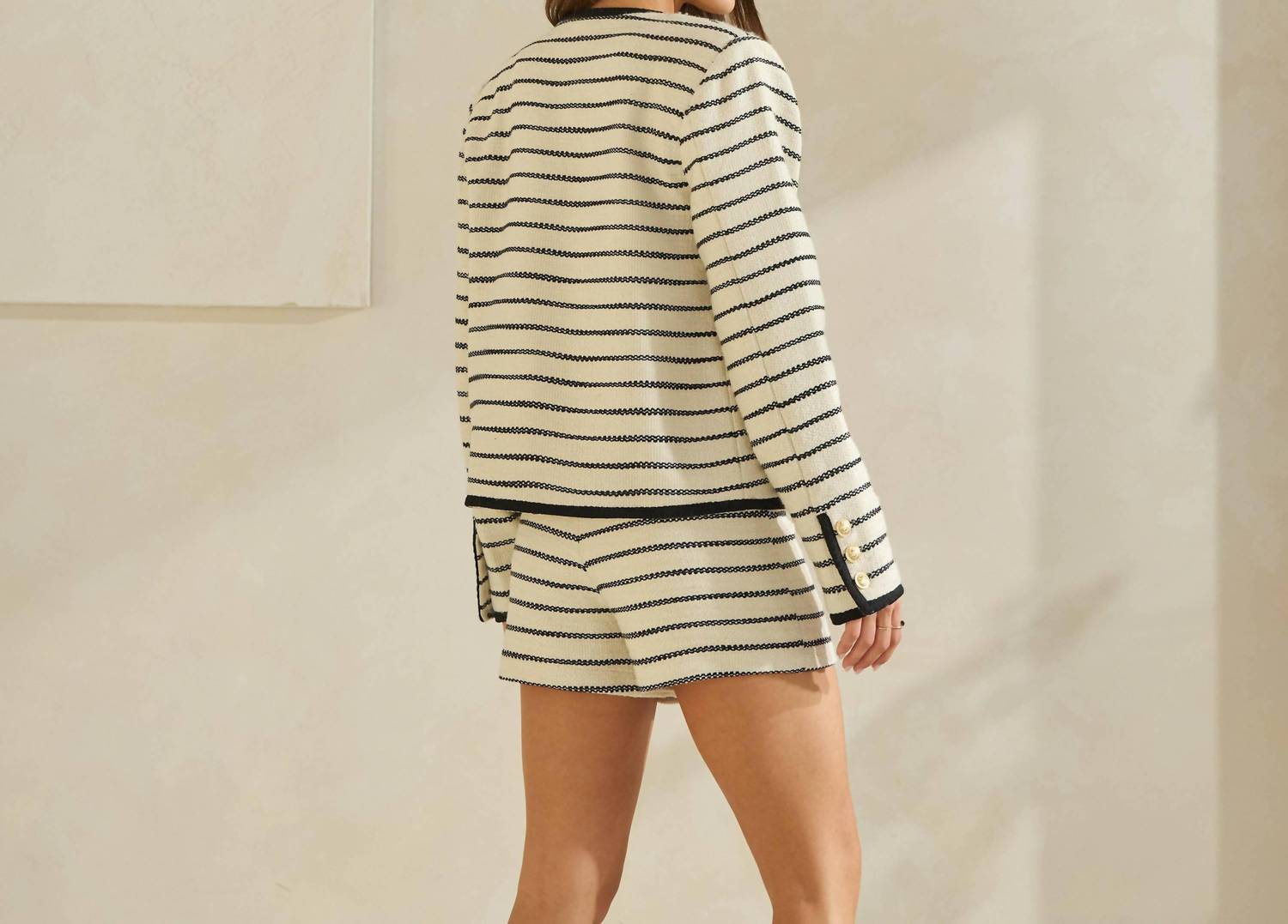 ABLE Striped Tweed Cardigan Jacket in cream black - women's cardigan - detail view