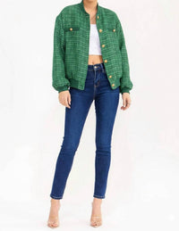 Surelymine - Long Sleeve Button Closure Pockets Tweed Shimmer Jacket