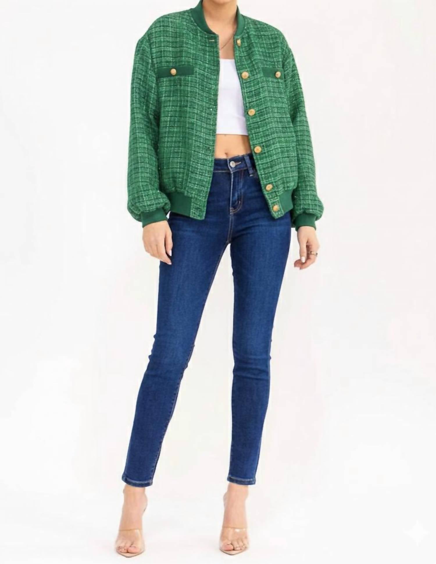 Surelymine - Long Sleeve Button Closure Pockets Tweed Shimmer Jacket