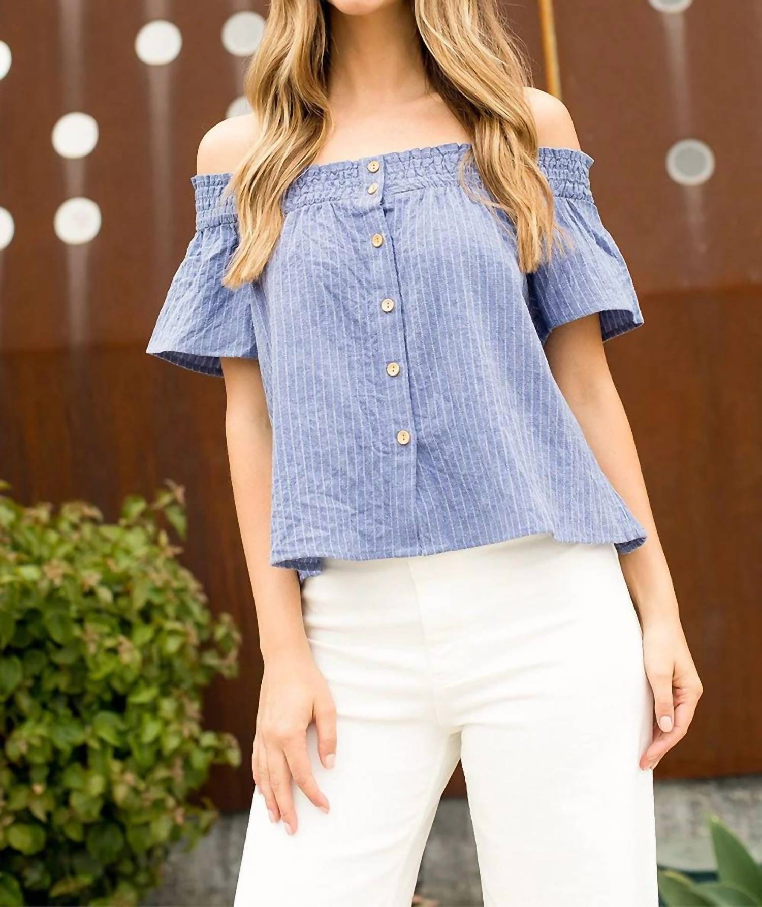 Thml - Stripe Button Down Off Shoulder Top