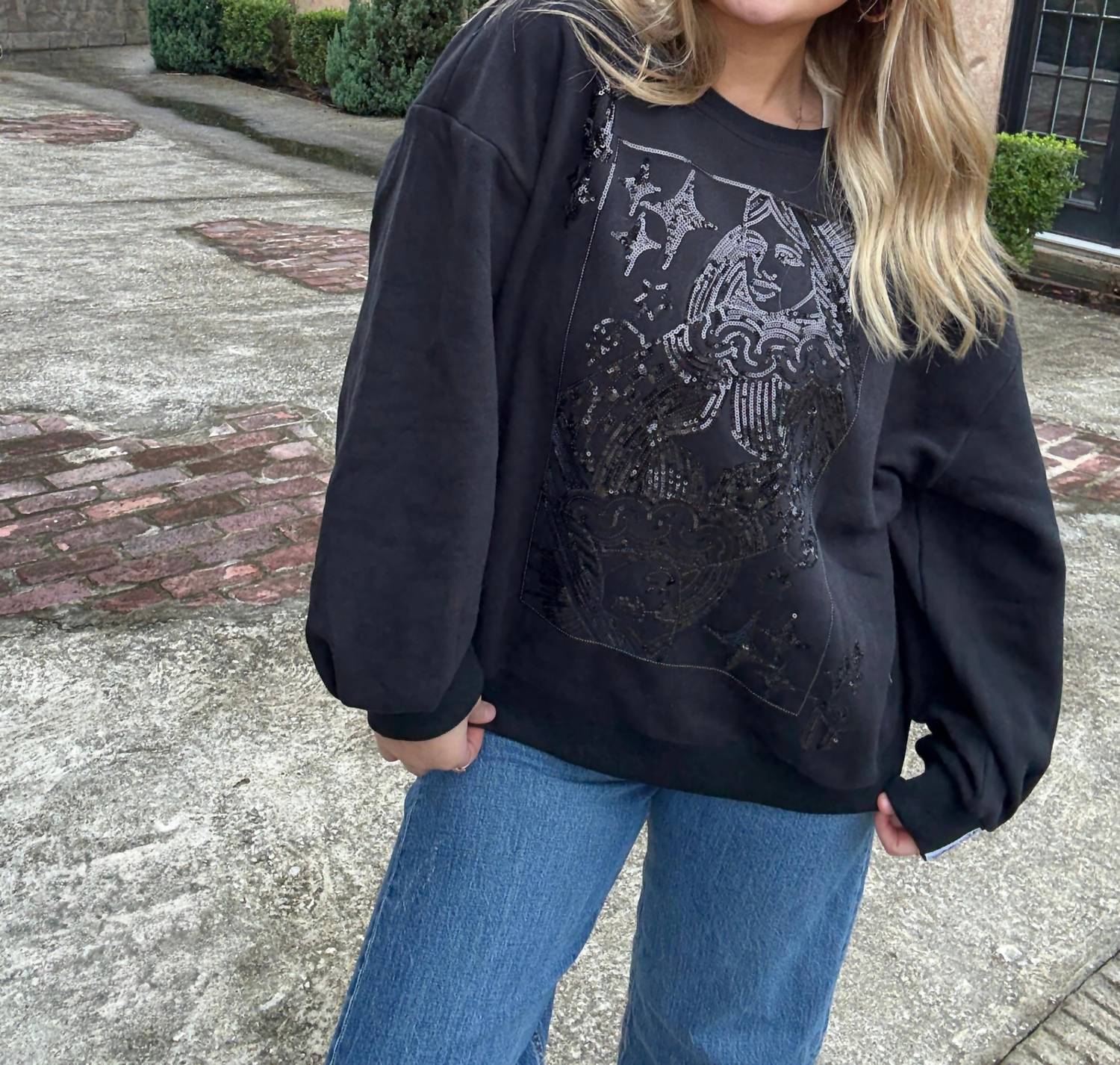 QUEEN OF SPARKLES Tonal Queen Card Sweatshirt in black - women's top - alternate view