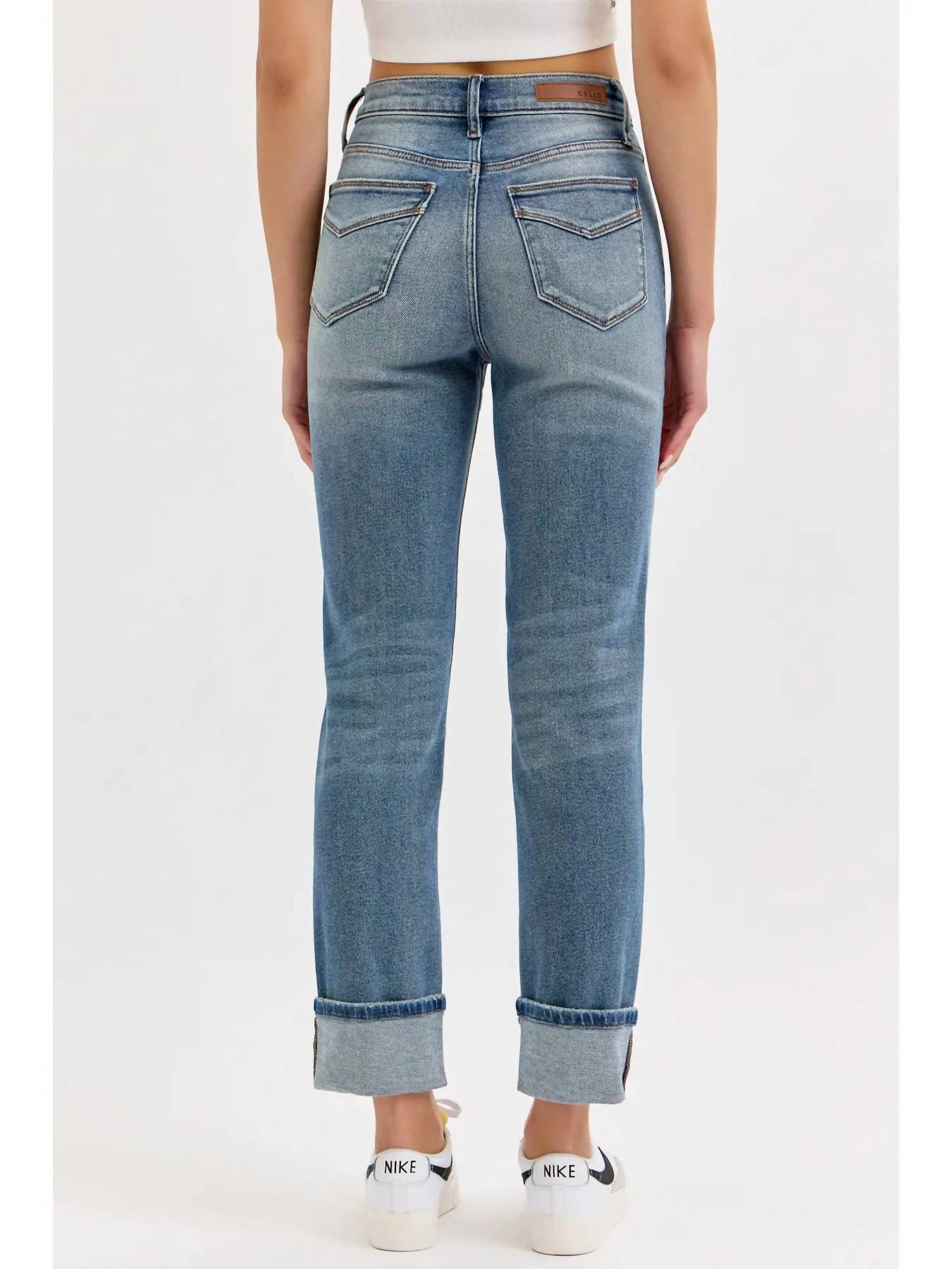 CELLO High Rise Cuff Stretch Denim Jeans in blue - women's jeans - detail view