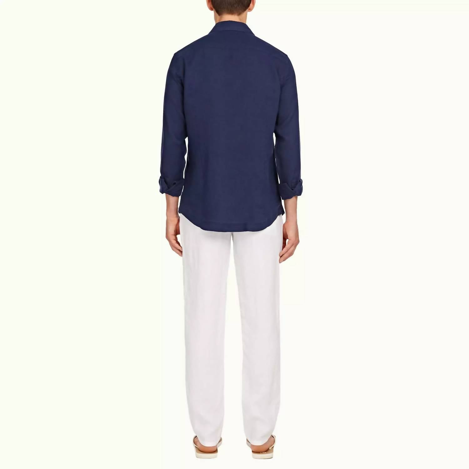 Orlebar Brown Giles Smart Linen Cut Shirt in navy - men's shirt - detail view