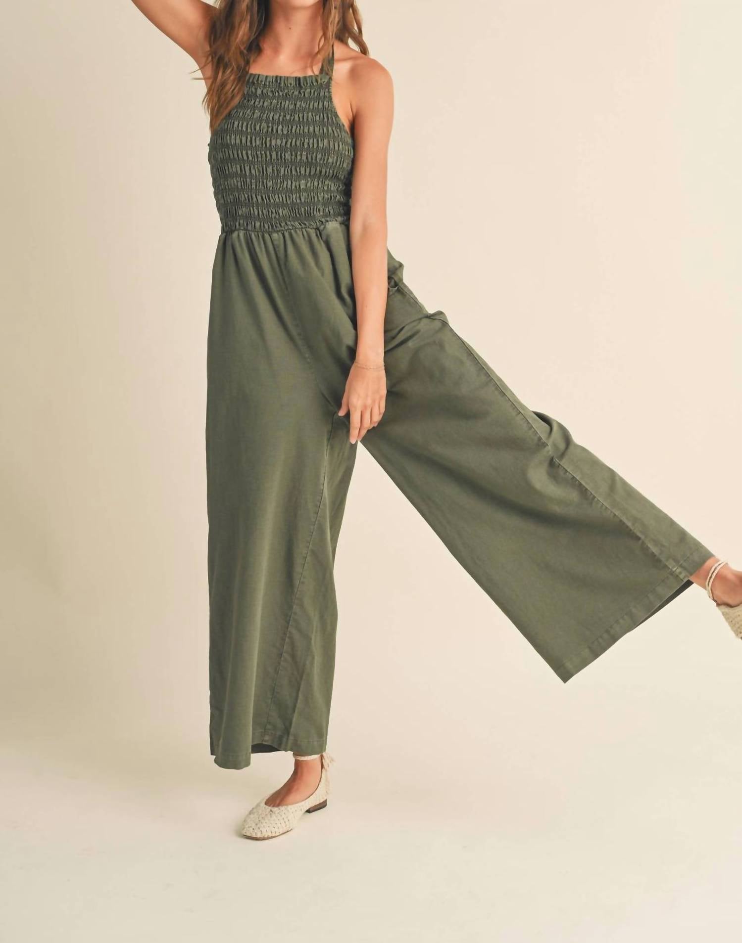 Miou Muse - Smocked Halter Jumpsuit