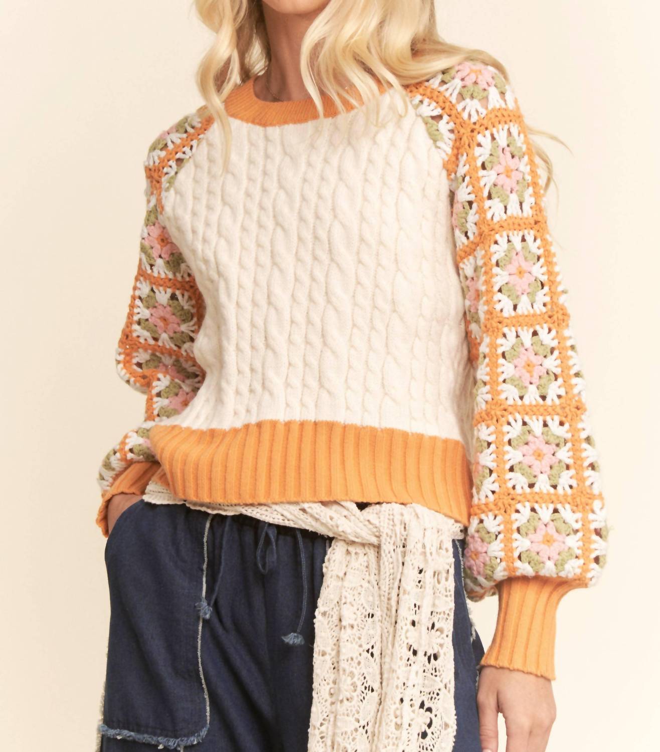 Davi & Dani - Cable Knit Ribbed Cuffs Sweater Top
