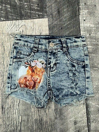 BRATTI MATI Girls Toddler Highland Cow Patch Shorts in blue - kids' shorts