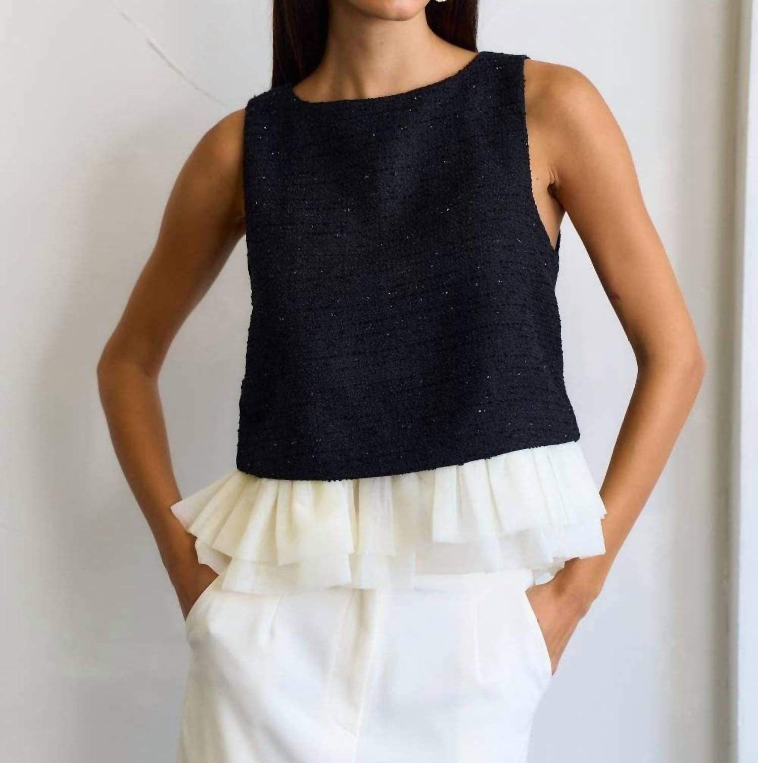 lalavon Sorrelle Sparkle Tweed Tank with Ruffle Detail in black - women's tank top