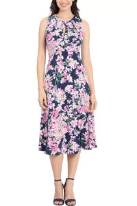 London Times - Versatile Empire A-line Keyhole Neckline Midi Dress