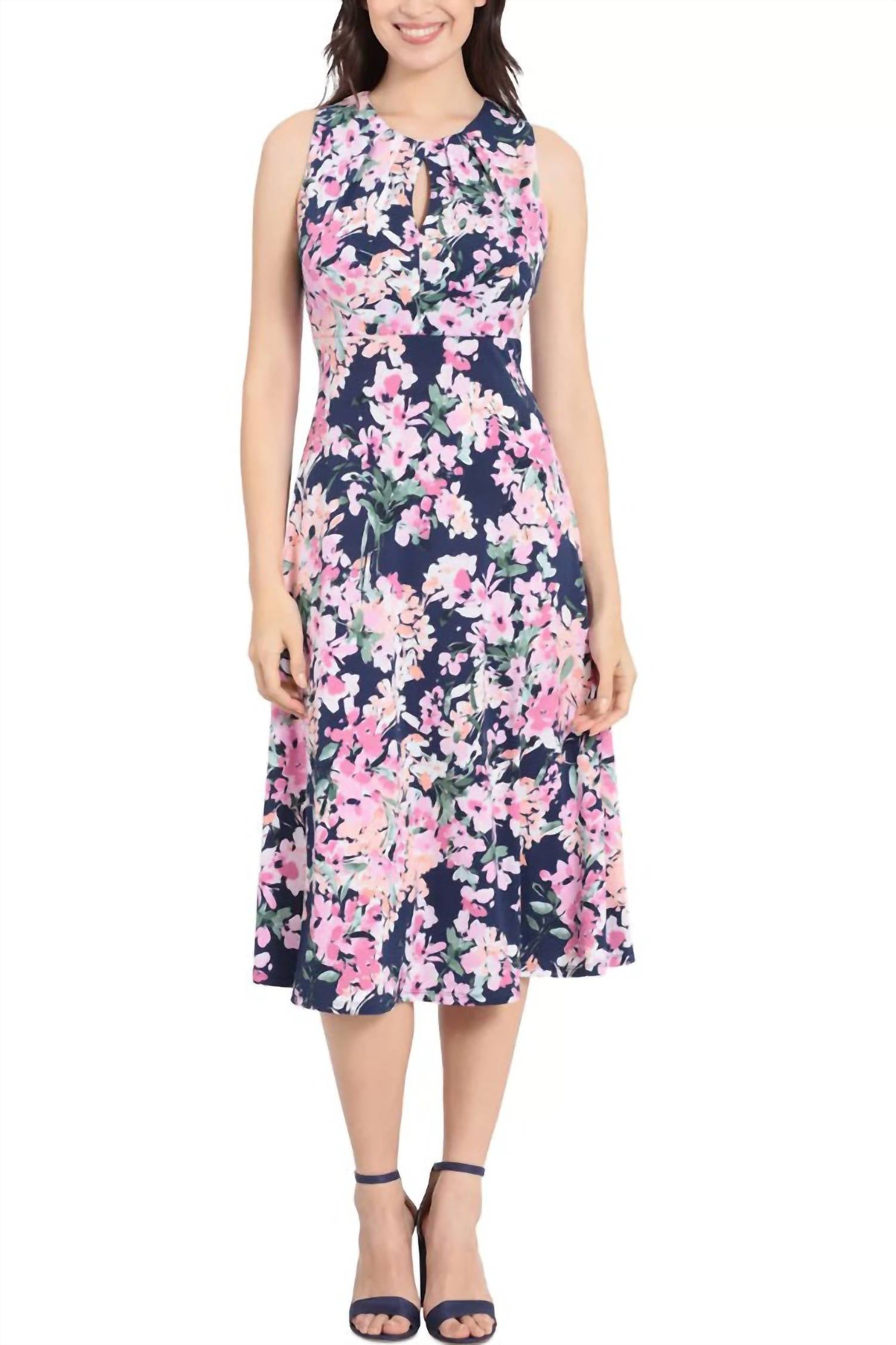 London Times - Versatile Empire A-line Keyhole Neckline Midi Dress