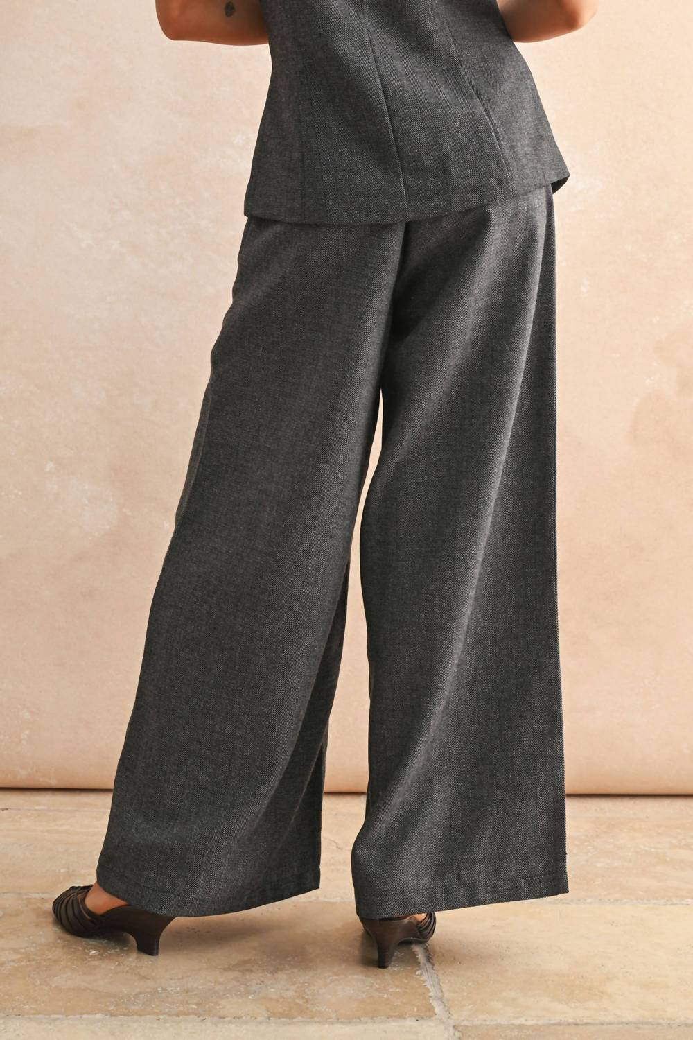 Miou Muse - Herringbone Pattern Wide Leg Trousers