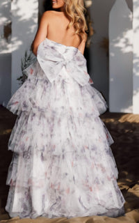 JOVANI Strapless Print Layered Ballgown in ivory - women's dress - detail view