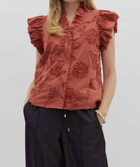 Entro - Embroidered Sleeveless Ruffle Collar Top
