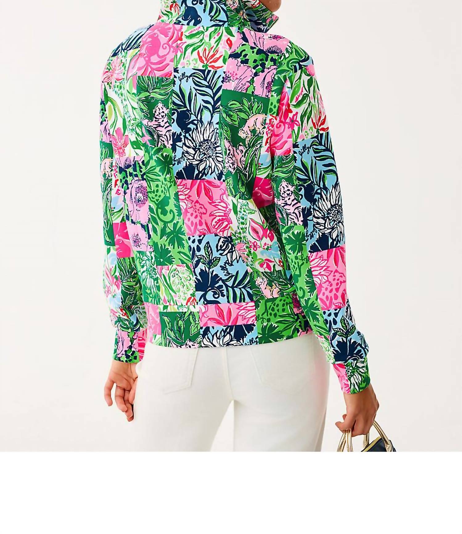 Lilly Pulitzer Upf 50+ Eleni Pullover in party punch patch - women's long sleeve top - detail view