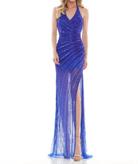 COLORS DRESS Halter V-neck High Slit Gown in royal - women's dress