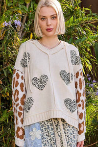 Pol - Long Animal Print Sleeve Heart Leopard Patch Sweater