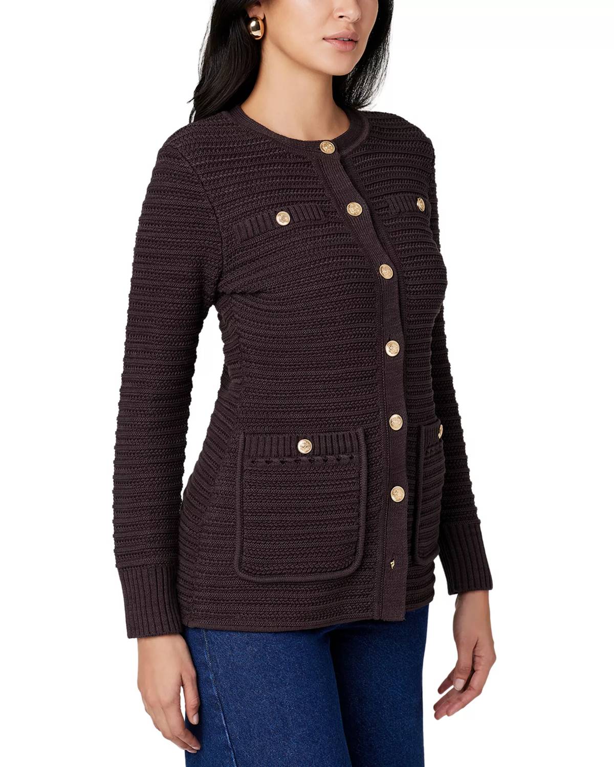 TOCCIN Constance Crew Neck Jacket in espresso - women's cardigan - detail view