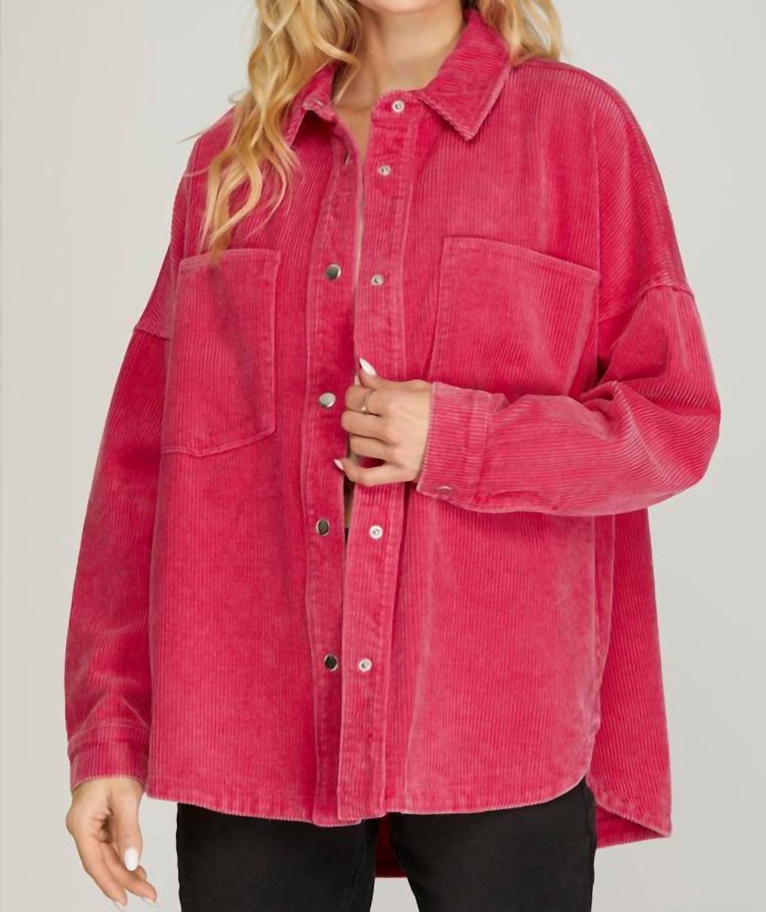 She + Sky - Washed Corduroy Shacket With Front Pockets
