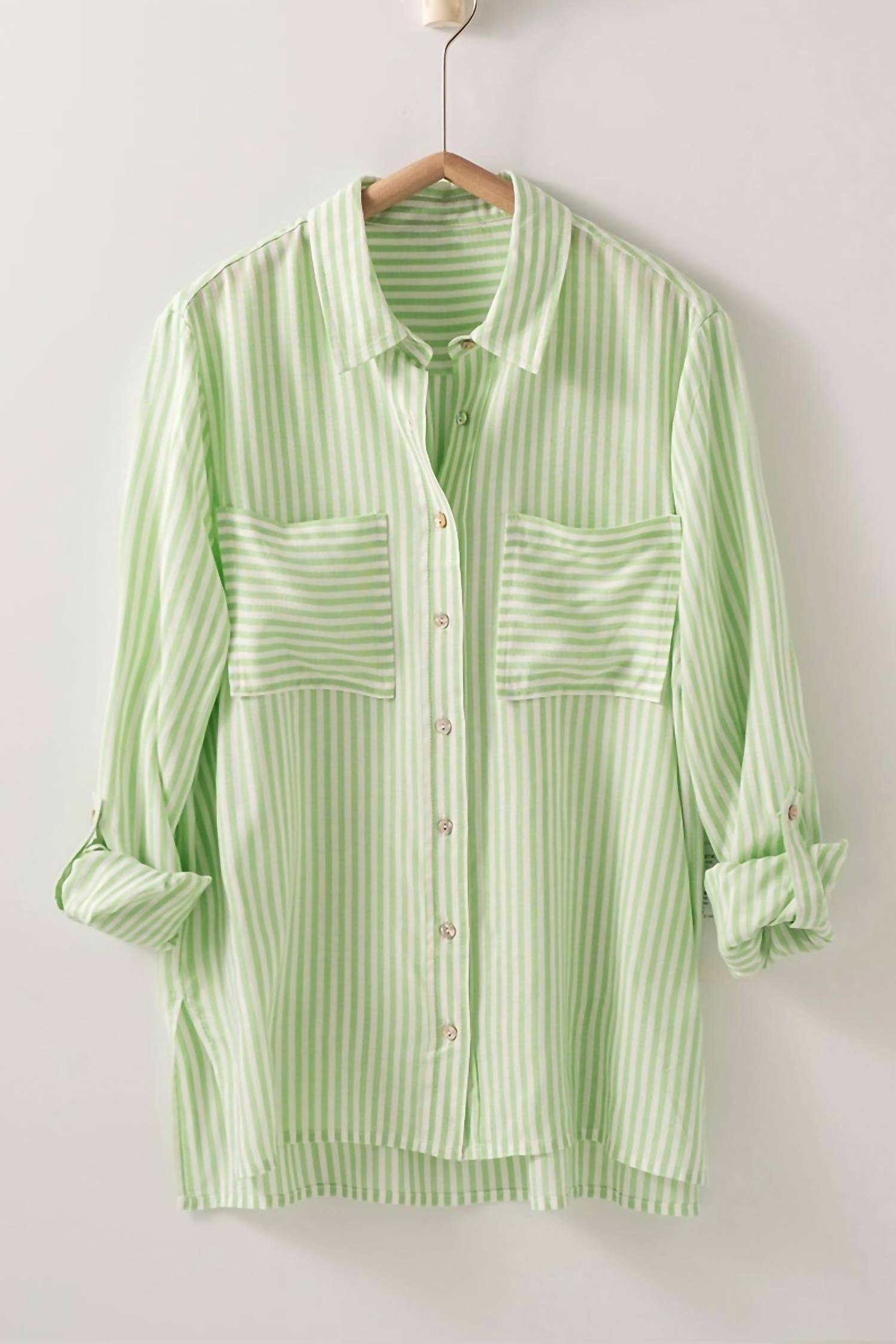 trend:notes Button Up Stripe Top in lime - women's blouse - detail view
