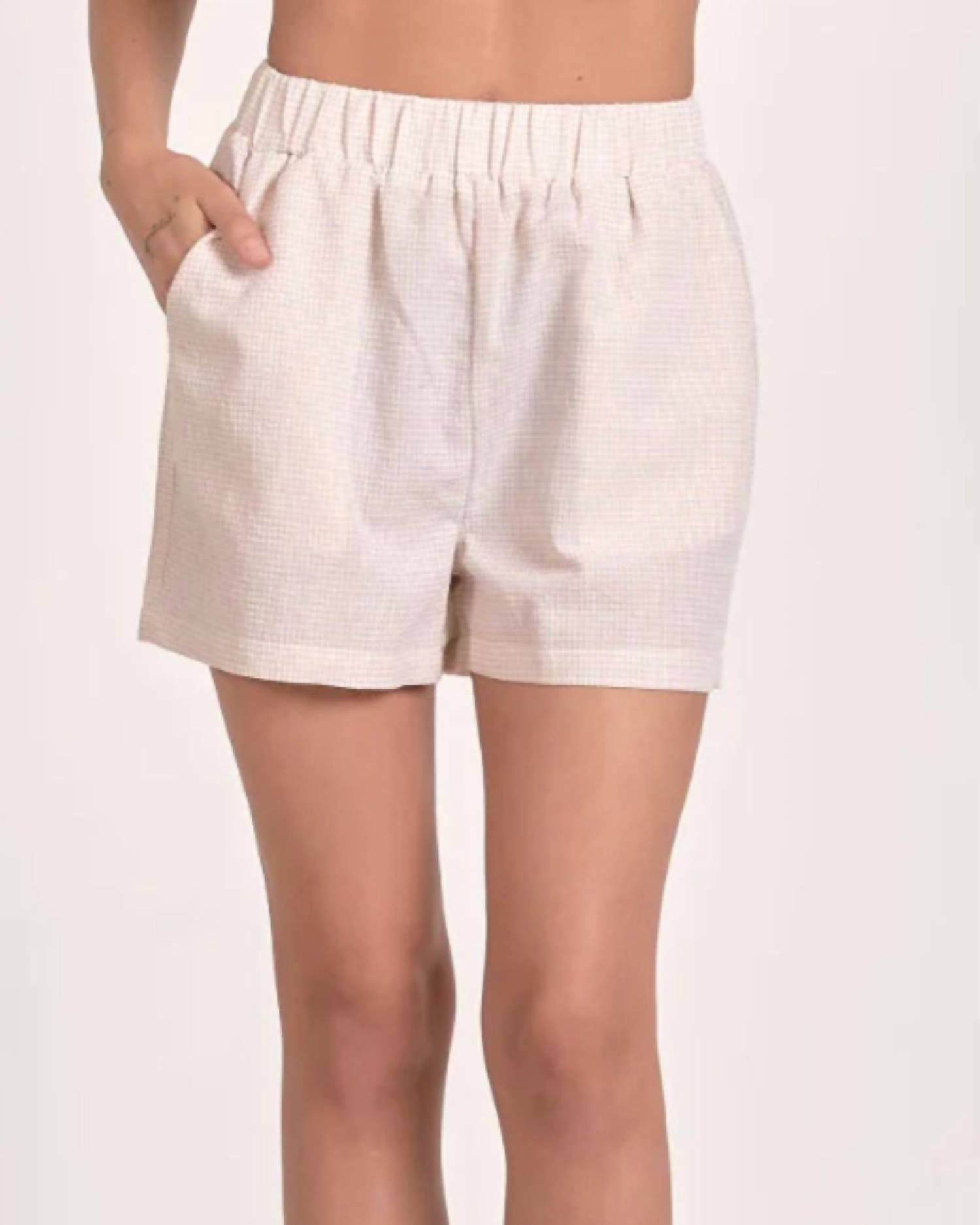ELAN Seersucker Pull On Shorts in tan - women's shorts - detail view