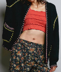 Pol - Solid Pattern Blanket Stitch Open Cardigan