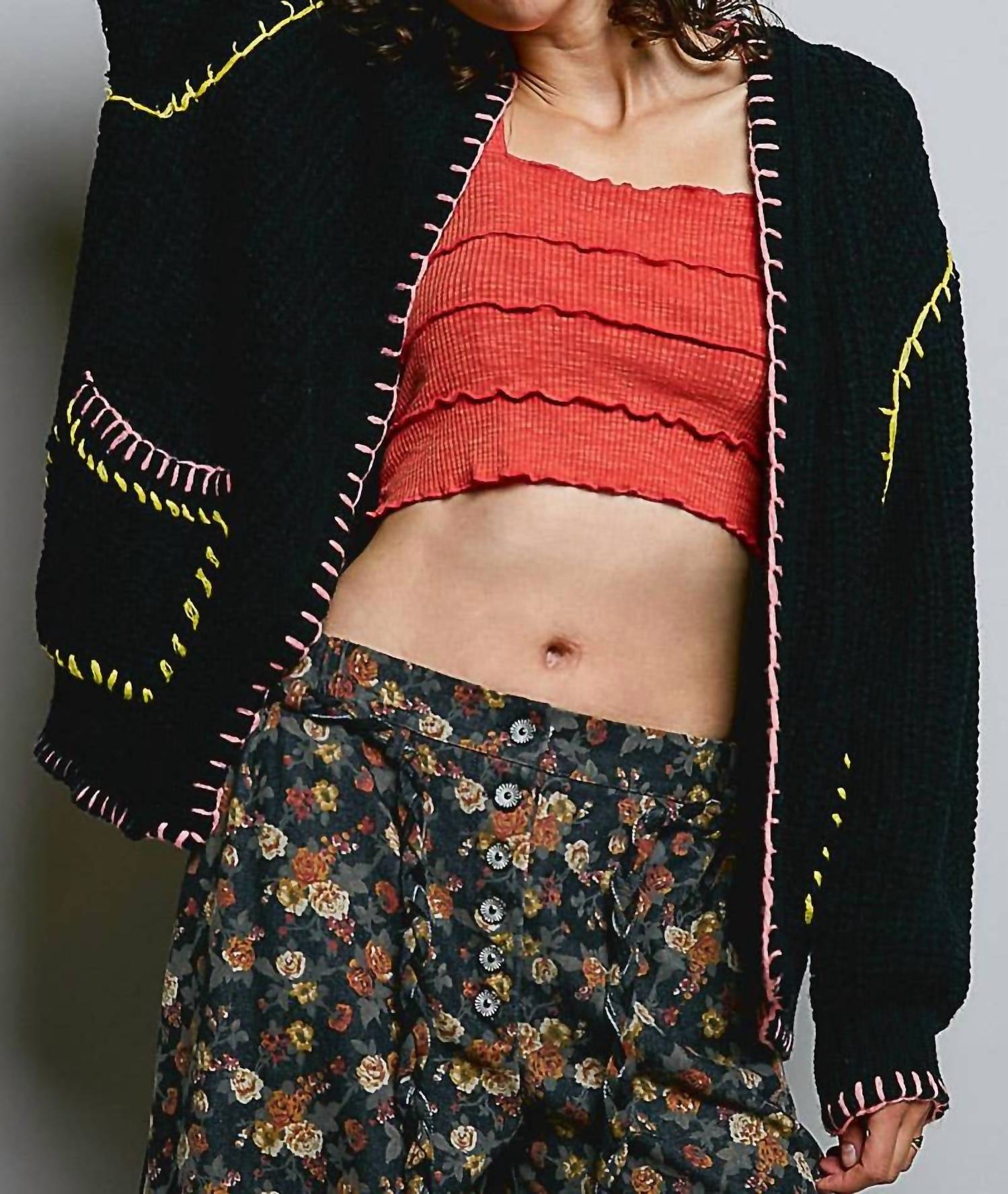 Pol - Solid Pattern Blanket Stitch Open Cardigan