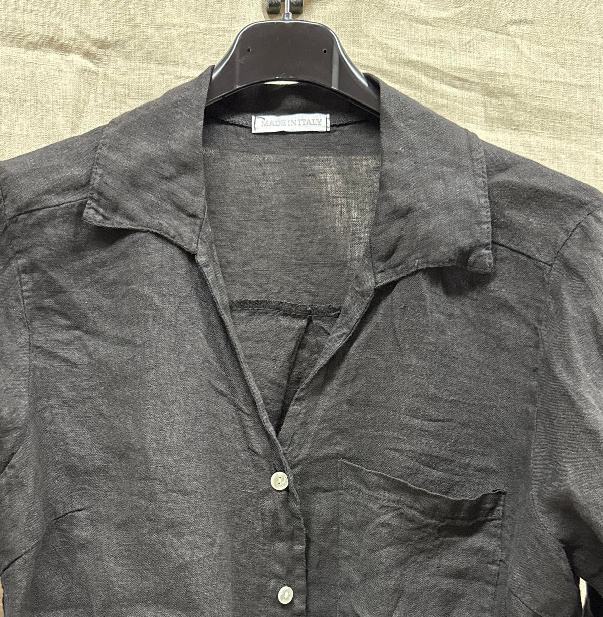 Made in Italy Women's Linen Tie Front Blouse in italy women s linen tie front blouse in black - women's blouse - detail view