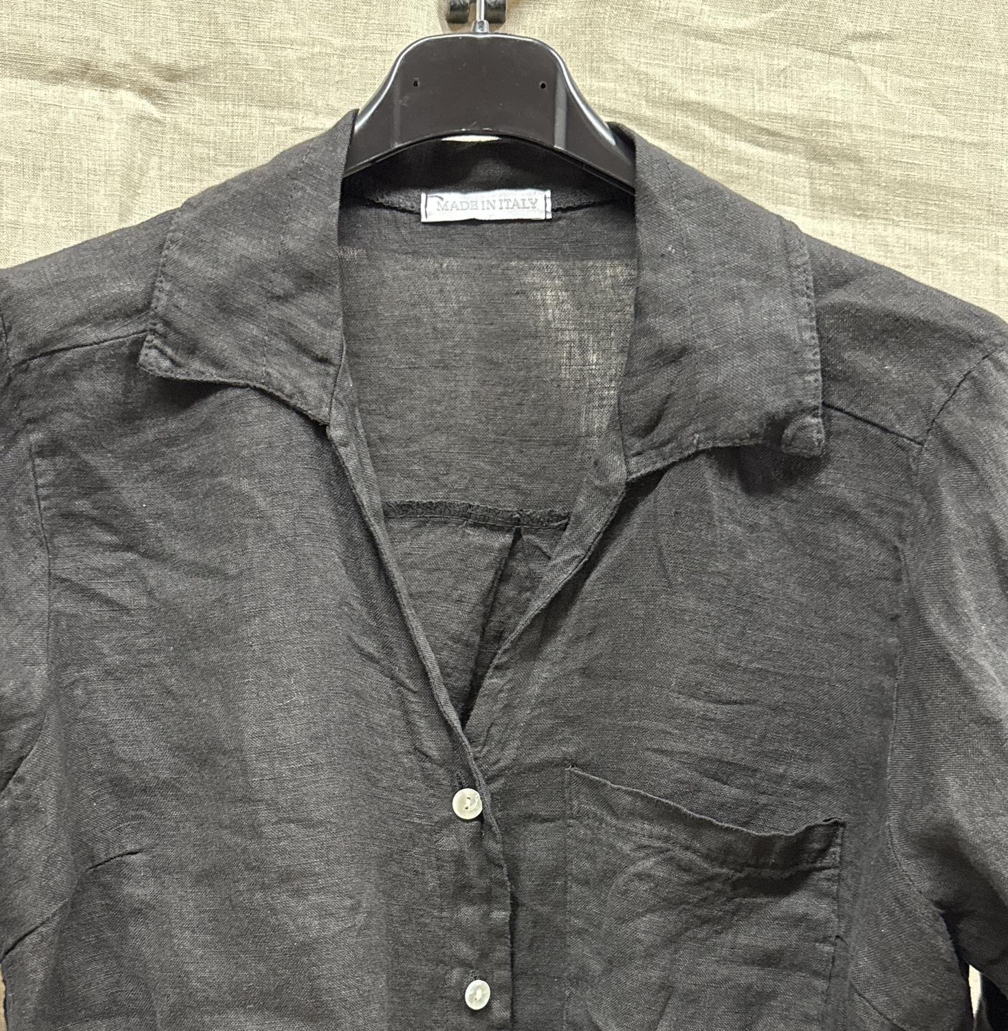 Made in Italy Women's Linen Tie Front Blouse in italy women s linen tie front blouse in black - women's blouse - detail view