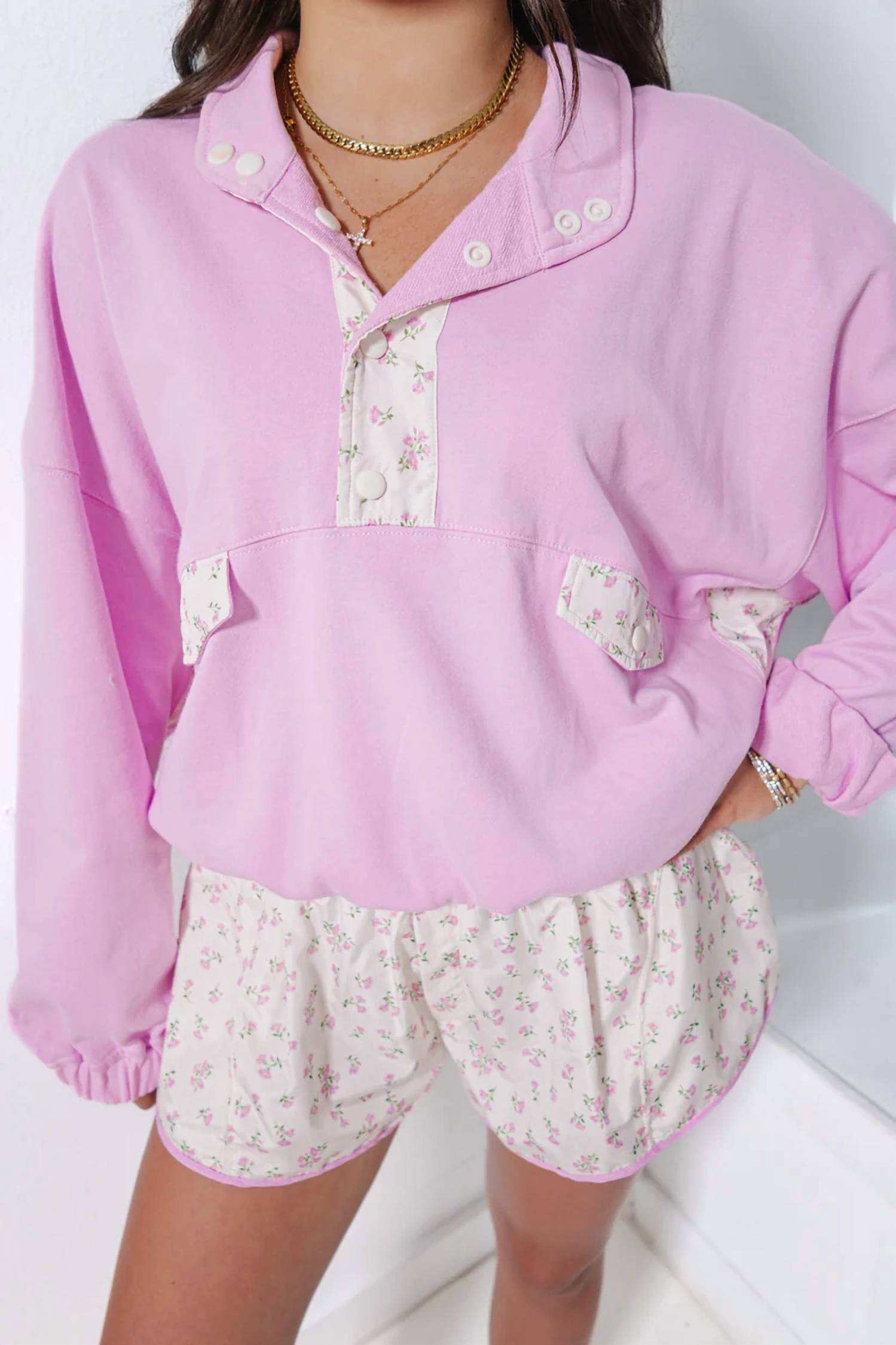Peach Love - French Terry With Ditsy Flower Print Button Up Top