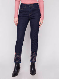 Charlie B - Embroidered Hem 5-pocket Stretch Jeans