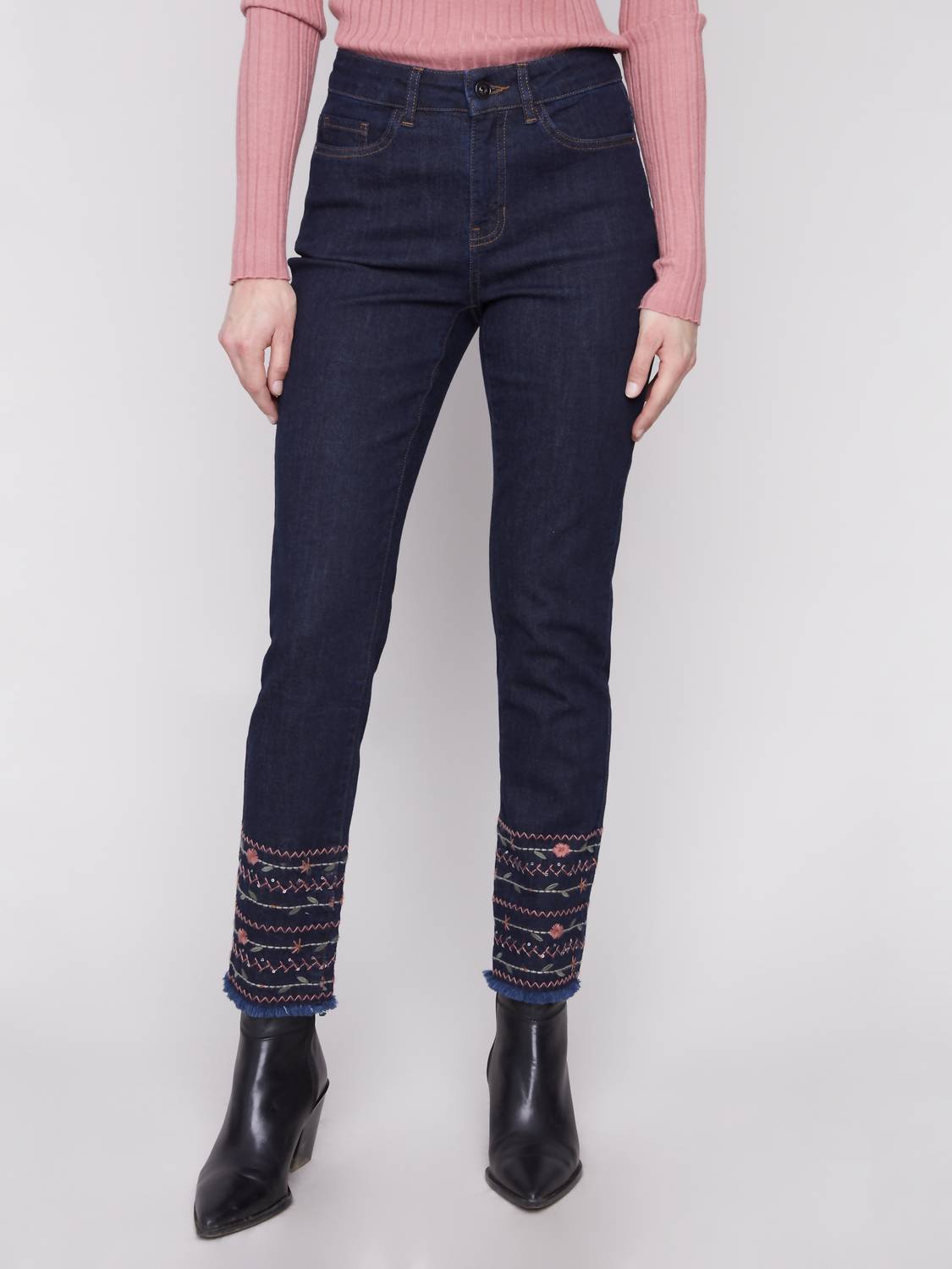 Charlie B - Embroidered Hem 5-pocket Stretch Jeans