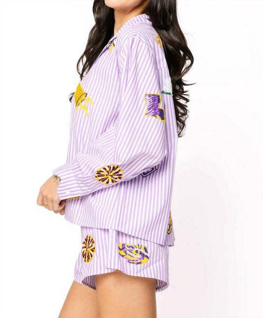 Queen Of Sparkles - Licensed Lsu Mini Icon Striped Button Down Top