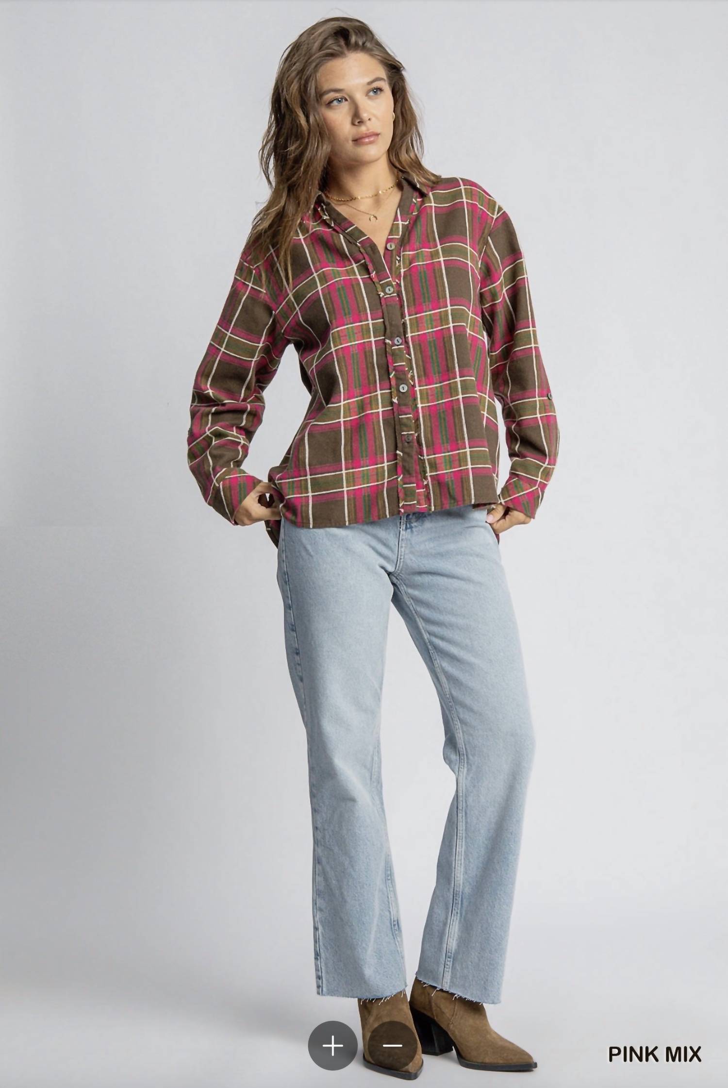 Umgee - Long Sleeve Plaid Button Down Shirt