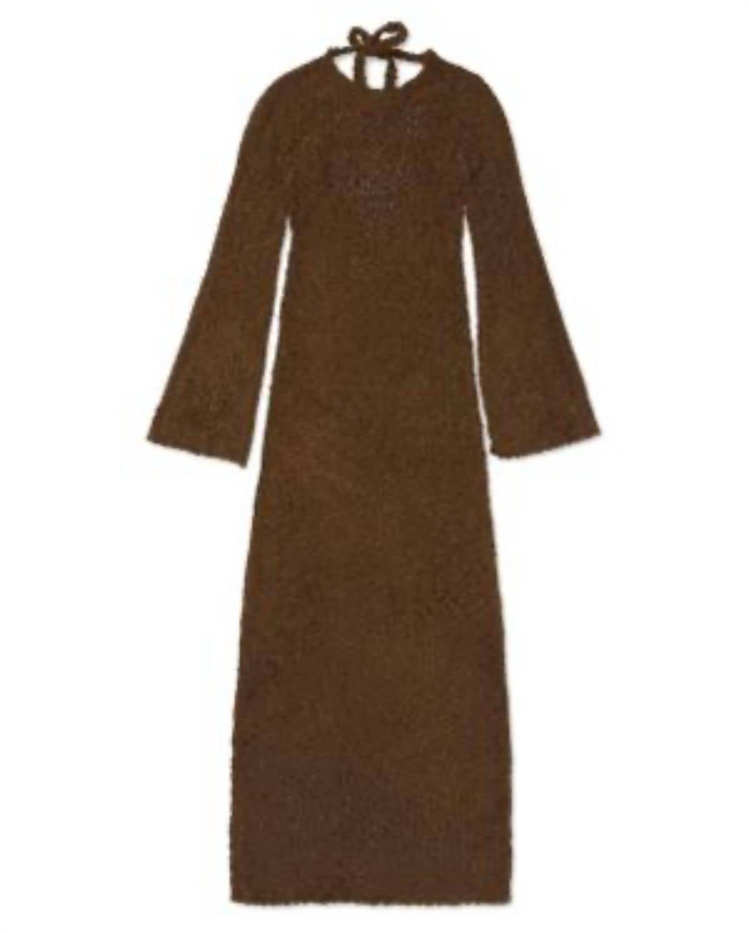 Honor The Gift - Women Fuzzy Knit Maxi Dress Long Sleeve Open Tie-back