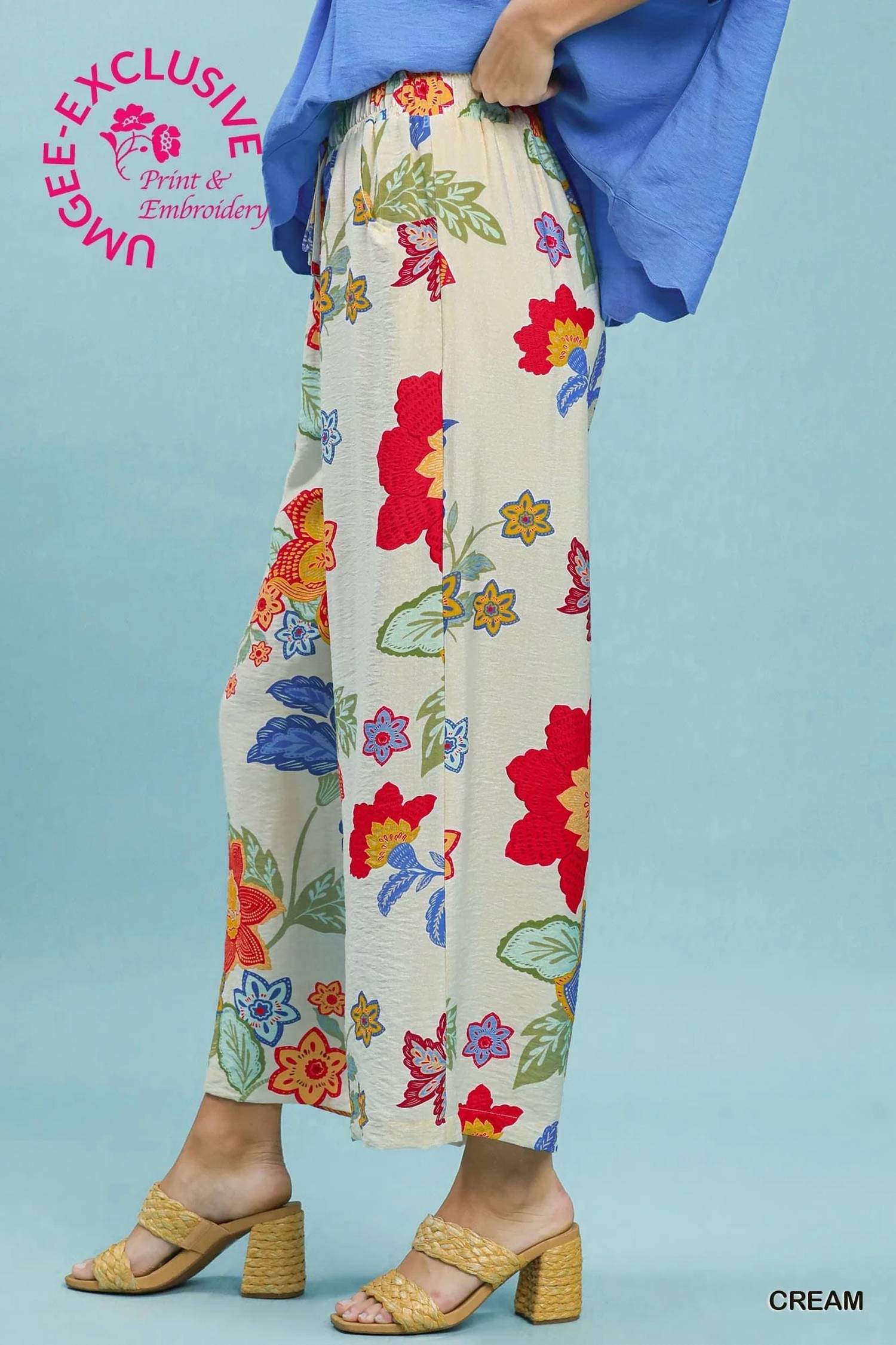 Umgee - Floral Print Wide Leg Crop Pants