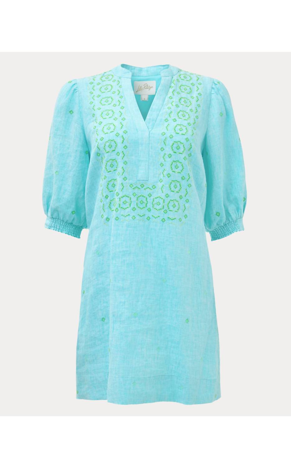 Lilly Pulitzer Mialeigh Elbow Sleeve Linen Dress in capri blue x resort white - women's dress - view 8