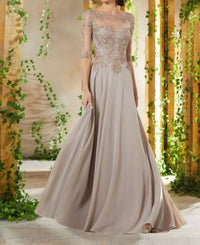 MGNY Beaded Embroidered Bodice Mother Of The Bride Gown in taupe - women's dress