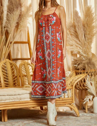 Embroidered Midi Dress With Tie Front Details