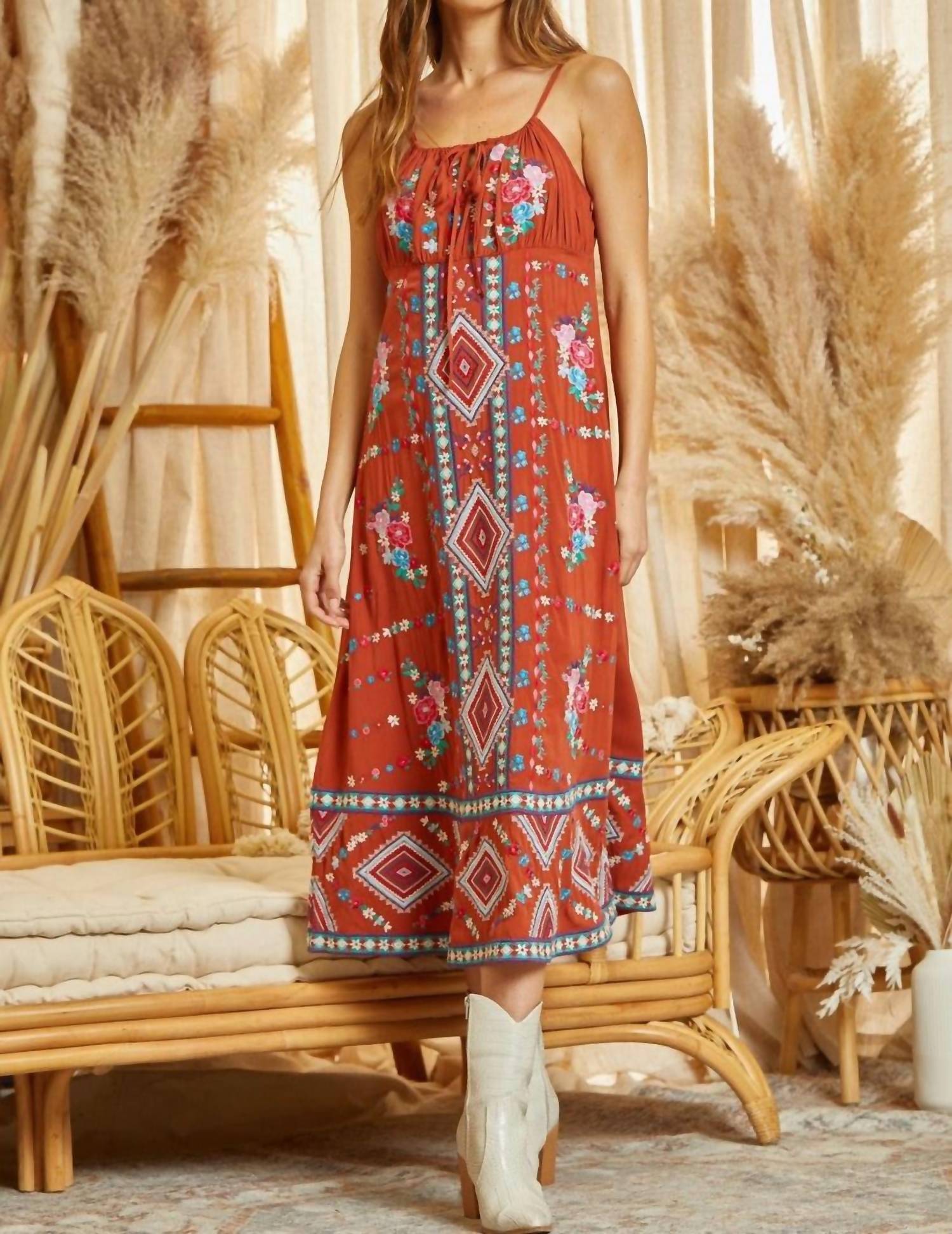 Embroidered Midi Dress With Tie Front Details
