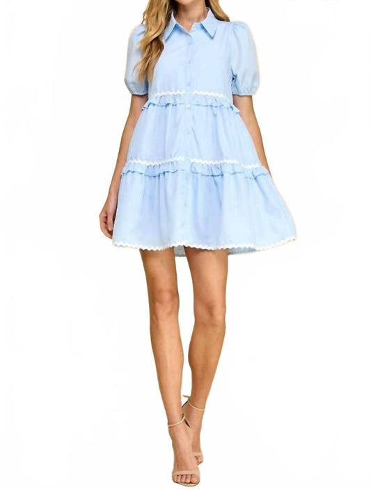 Tcec - Zigzag Detail Short Puff Sleeve Shirt Dress