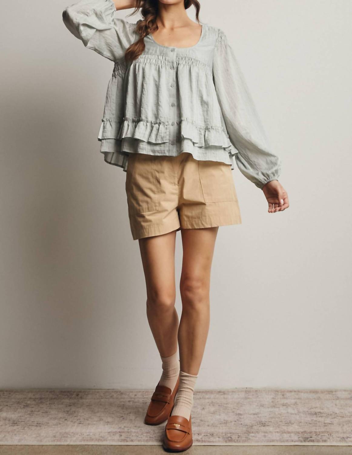 Forte - Ruffle Hem Peasant Blouse