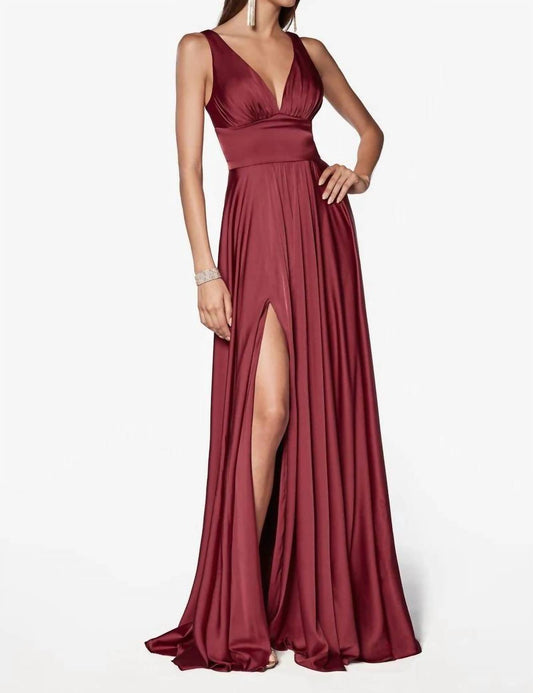 Ladivine - Long Satin A-line Dress With Slit