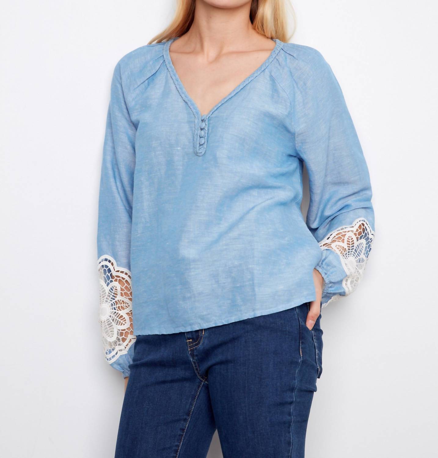 CHARLIE B Linen Blend V-Neck Long Sleeve Blouse in chambray - women's blouse - detail view