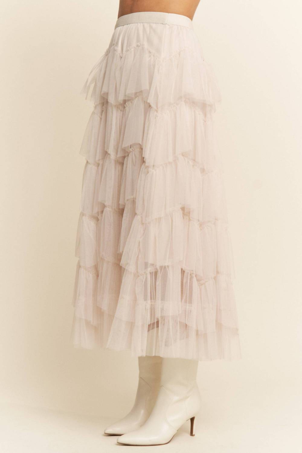 J.Nna - Tiered Ruffle Mesh Lined Maxi Skirt