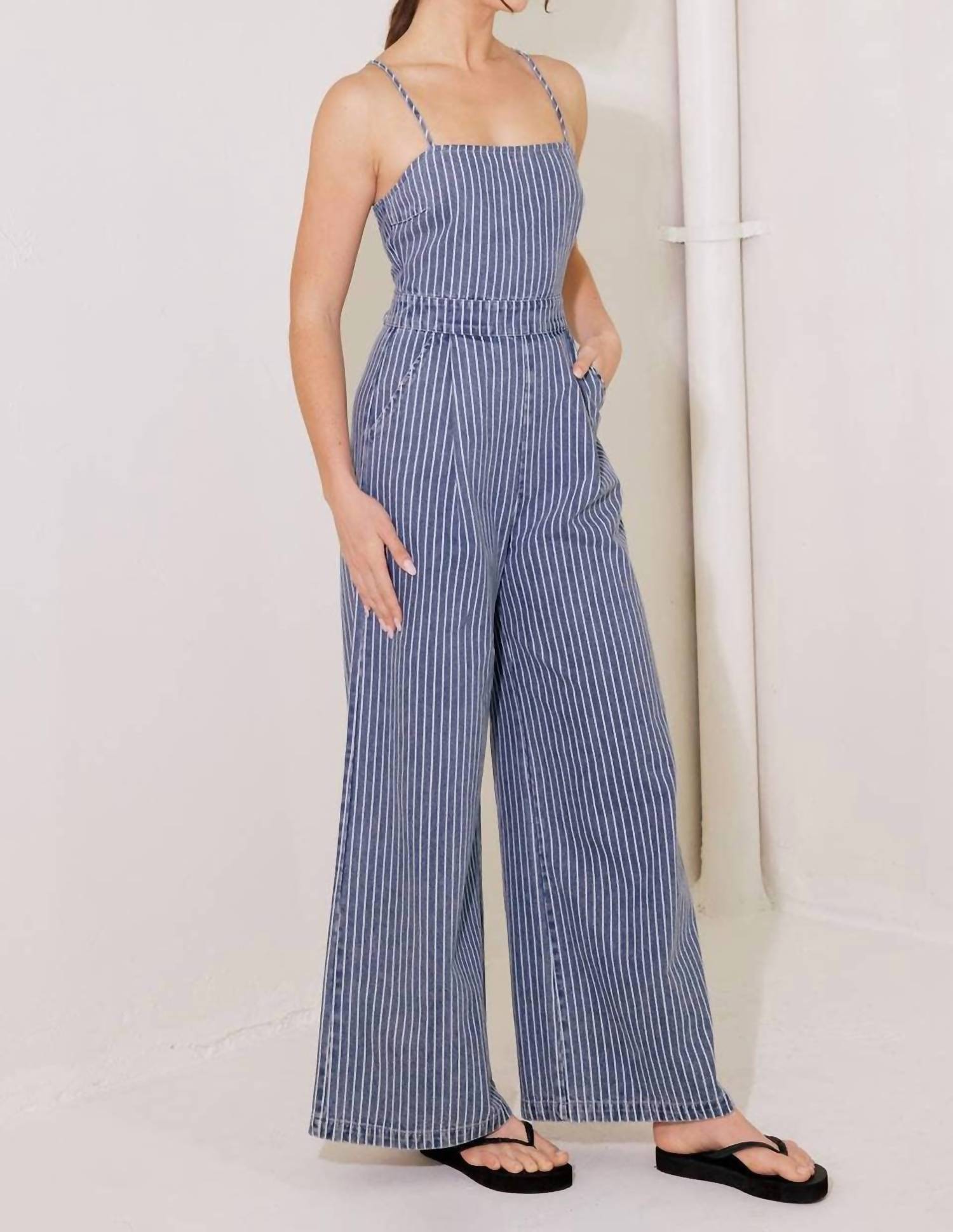 Flying Tomato - Washed Striped Denim Jumpsuit