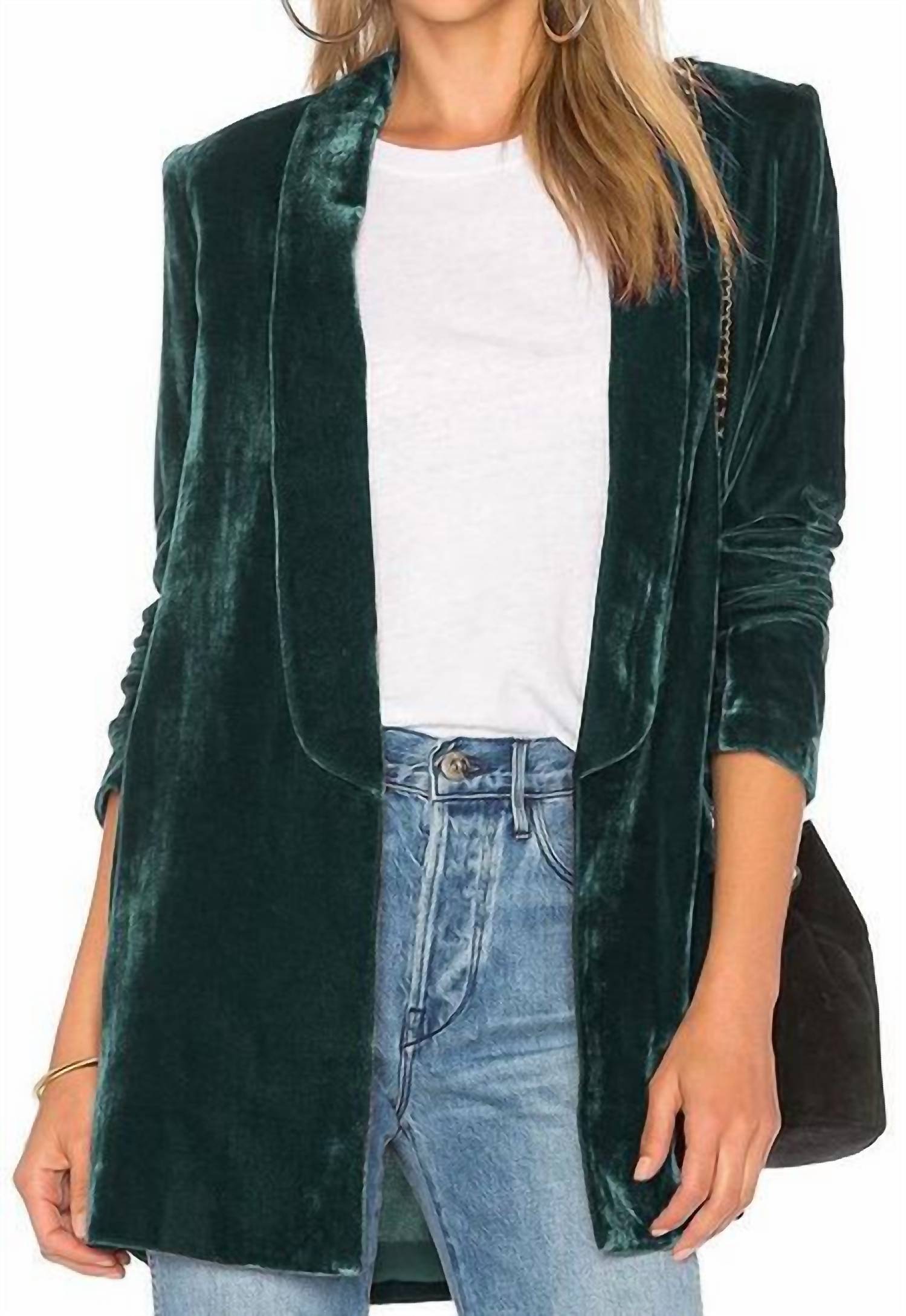 The Moment Collection Velvet Open Front Lightweight Blazer in dark green - women's jacket