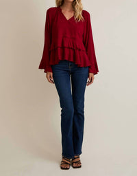 Gilli - Notch Neck Long Sleeve Ruffle Hem Top