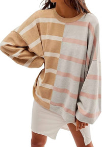 Free People Uptown Stripe Pullover Sweater in camel grey combo - women's sweater - detail view